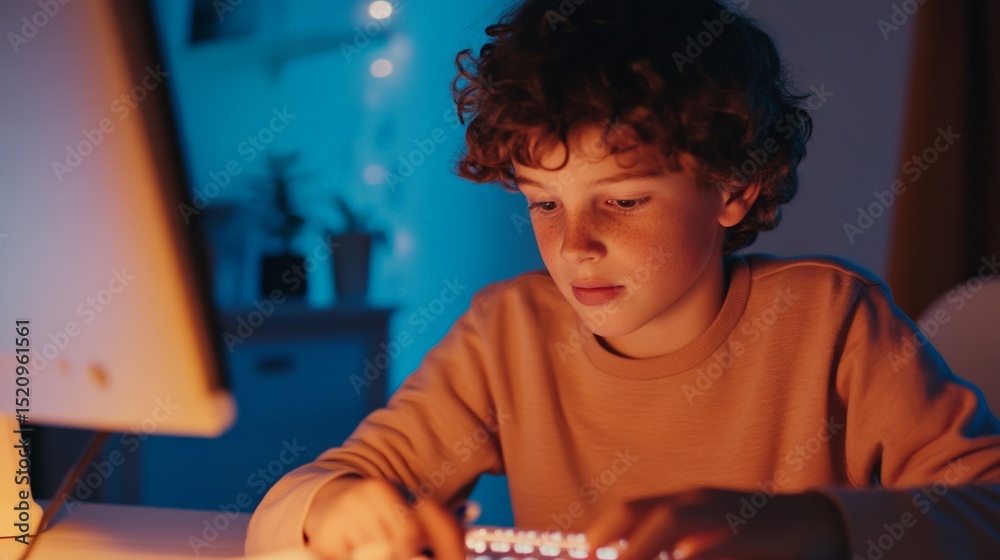 Poster young boy concentrating on his online studies, illuminated by the warm glow of the computer screen i