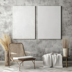 Double blank canvas on wall in modern grey room, perfect for home decor mockup with minimalist and neutral interior style.
