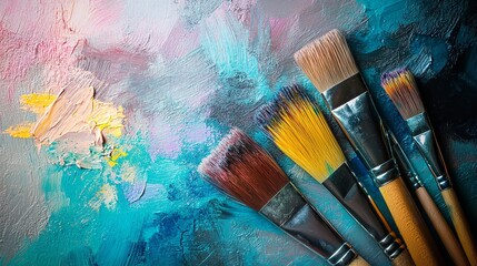 Fototapeta premium Vibrant Paint Brushes & Artistic Splashes: A Creative Background
