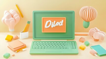 Colorful Minimalist Workspace with Computer and Creative Objects