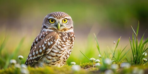 Burrowing Owl Sitting on a Patch of Grass in Daylight, grassland habitat, open field,  grassland habitat