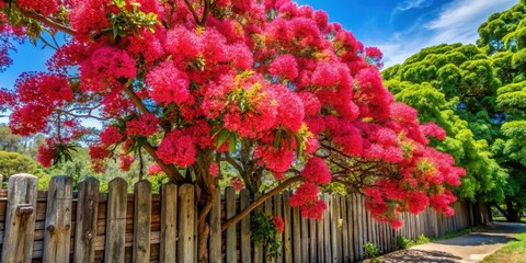 Vibrant pink blooms of Brachychiton tree in full sun with lush green foliage and a rustic wooden fence in the background