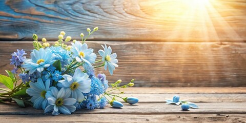 Pastel blue flowers arrangement against a natural wooden background, with gentle sunlight and a few scattered leaves , pastel colors, natural wood