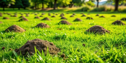 A lush green grass lawn with numerous small clay molehills scattered across its surface, a habitat for these underground creatures , natural landscape, outdoors