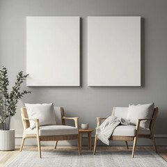 Double blank canvas on wall in modern grey room, perfect for home decor mockup with minimalist and neutral interior style.
