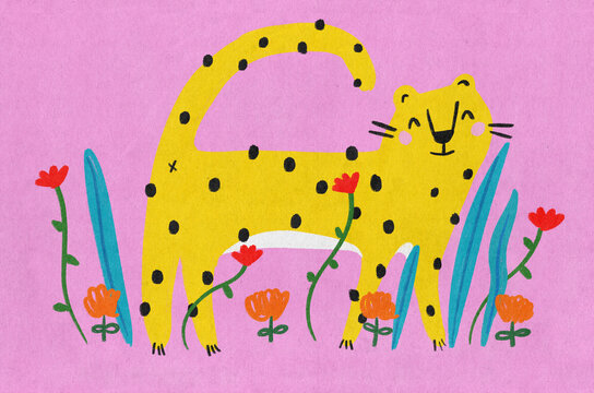 Colorful illustration of a happy leopard with flowers on a pink background
