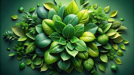 A cluster of vibrant green, swirling leaves with organic shapes and textures , foliage, botanical