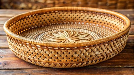 Woven rattan basket with intricate floral patterns, floral, woven