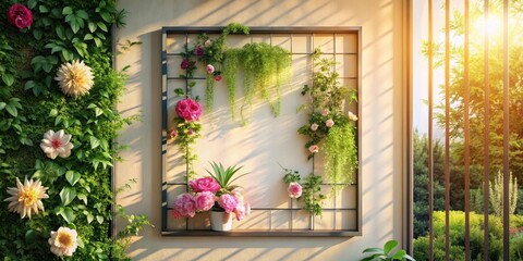 Metal frame mockup with flowers on a wall, surrounded by greenery and sunlight filtering through the bars, creating a warm ambiance , modern art, home interior