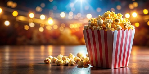 Classic popcorn in a colorful, hexagonal box with a paper top and a crunchy texture, surrounded by butter and salt