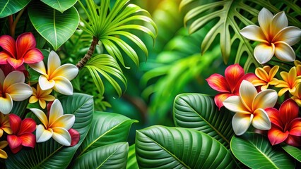Exotic monstera leaves and frangipani flowers in a lush tropical background with vibrant greenery and colorful blooms surrounding the foliage , monstera, tropical