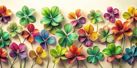 Vibrant, multicolored clover leaves forming a seamless, intricate design on a neutral background, creating a mesmerizing and calming atmosphere , floral design, botanical illustration