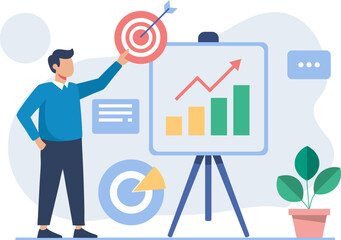 Businessman Presenting Growth Chart and Target – Flat Vector Illustration for Strategic Planning and Marketing Success