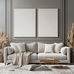 Double blank canvas on wall in modern grey room, perfect for home decor mockup with minimalist and neutral interior style.
