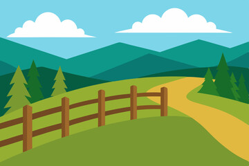 Obraz premium Vector illustration of a green rural summer landscape with trees, mountains, grass, and blue sky