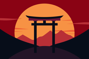 Japanese architecture vector illustration of a pagoda and torii gate