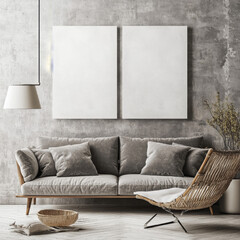 Double blank canvas on wall in modern grey room, perfect for home decor mockup with minimalist and neutral interior style.
