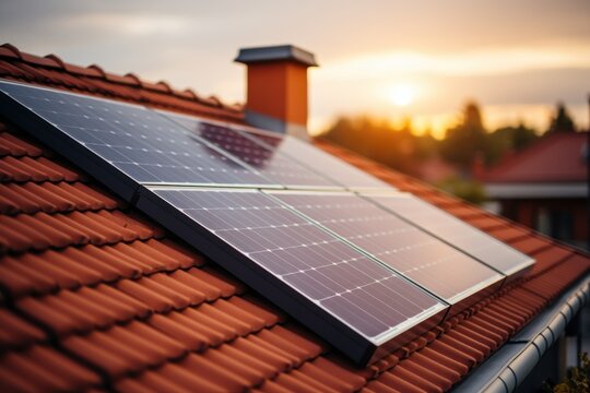 Harnessing solar power rooftop panels at sunset urban environment aerial view sustainable energy concept