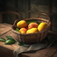Photorealistic scene of mangoes in a wicker basket, placed on vintage wooden table