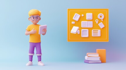 Young Boy Holding Tablet with Learning Icons in Bright Colors