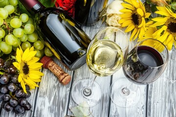 Still life of red and white wine, grapes, sunflowers, and rose. Rustic, elegant style. Perfect for menus, wine lists, or websites related to food and beverages.