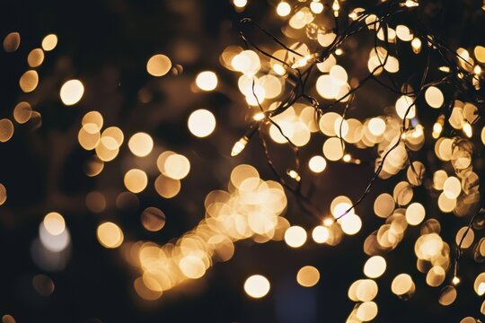 Warm, golden bokeh lights on dark background. Festive, romantic mood. Ideal for holiday cards, websites, and event promotions.