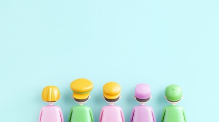 Colorful Figurines in a Row Against a Light Blue Background