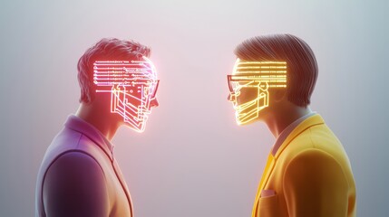 Futuristic Portrait of Two Men with Neon Circuit Patterns on Faces
