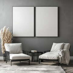 Double blank canvas on wall in modern grey room, perfect for home decor mockup with minimalist and neutral interior style.

