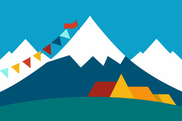 Snowy winter mountain landscape vector illustration with sun and ice design