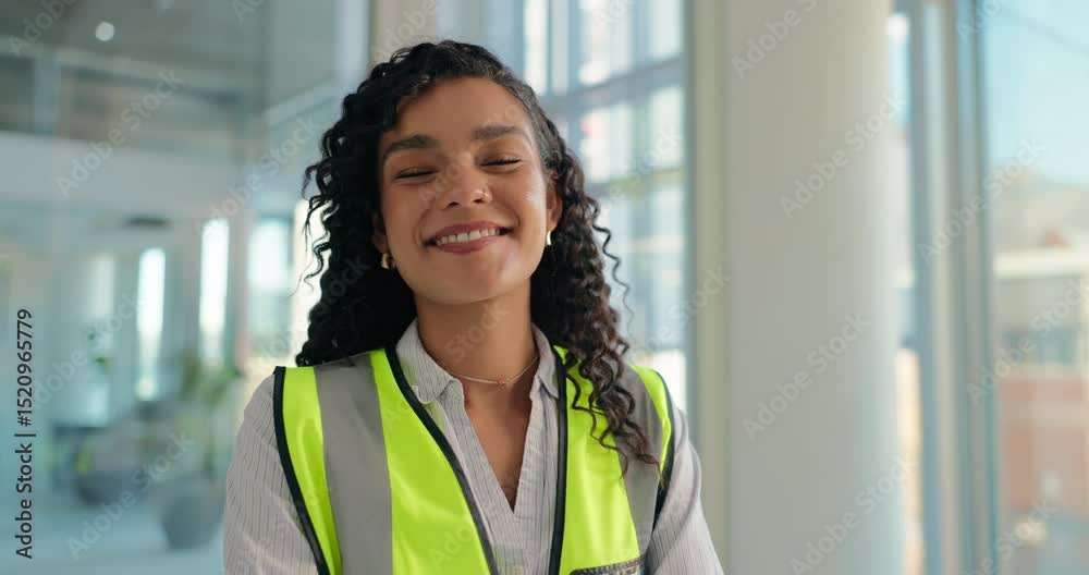 Poster woman, face and laptop with architecture for typing, planning and architect for project management. 