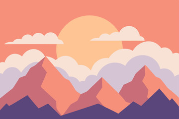 Vector illustration of a mountain landscape at sunset with clouds and orange sky