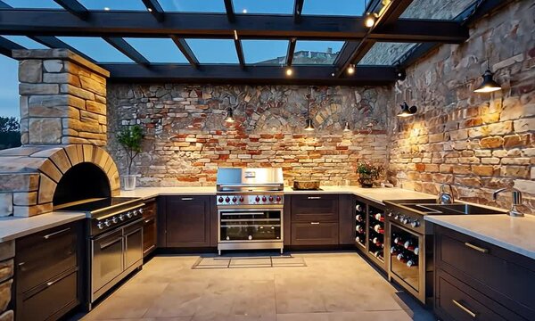 Modern outdoor kitchen with stone accents, grill, and wine storage, set against a twilight backdrop