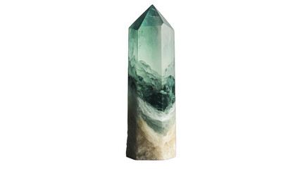 Pointed fluorite crystal tower with internal banding on a transparent background, PNG image, PNG file.