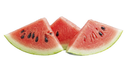 Three watermelon wedges arranged together on a transparent background, PNG image, PNG file.