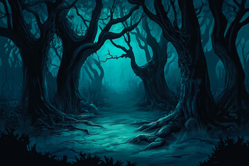 Path in a dark forest at night, scary illustration