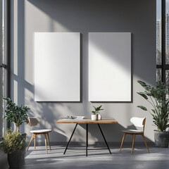 Double blank canvas on wall in modern grey room, perfect for home decor mockup with minimalist and neutral interior style.
