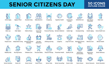 Senior Citizens Day icons set with active aging, aging in place, assisted living, baby boomers, caregiving, cognitive health, community centers, dementia care icon. Simple outline color vector 
