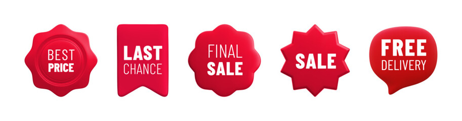 Vector cartoon 3d Sale badge set. Red label starburst, medal with text. Realistic 3d render online shop sticker collection. Cute design element for web, sale banner design, tag, advert, mobile app.