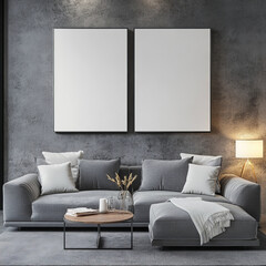 Double blank canvas on wall in modern grey room, perfect for home decor mockup with minimalist and neutral interior style.
