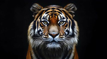 Fototapeta premium Close-up portrait of a tiger against a black background.
