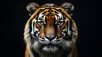 Close-up portrait of a tiger against a dark background.