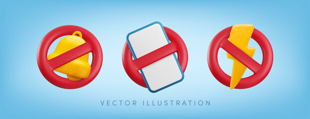 Vector cartoon 3d no phone ringing or charging allowed icon set. 3d render of smartphone, bell, lightning in red circle prohibition sign. Electronic device forbidden, turn off mobile phone restriction
