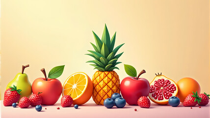  Assorted Fresh Fruits Arranged on a Smooth Gradient Background