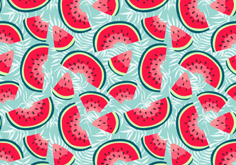 Vector watermelon hand drawn pattern background. Summer fresh fruits and palm leaves tropical print. Bitten watermelon red slices, coconut leaf repeat texture on blue. For wallpaper, cover, decor.