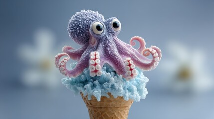 Obraz premium Colorful octopus figurine perched atop a whimsical ice cream cone, surrounded by soft pastel colors, creating a playful and imaginative dessert scene that evokes joy and creativity