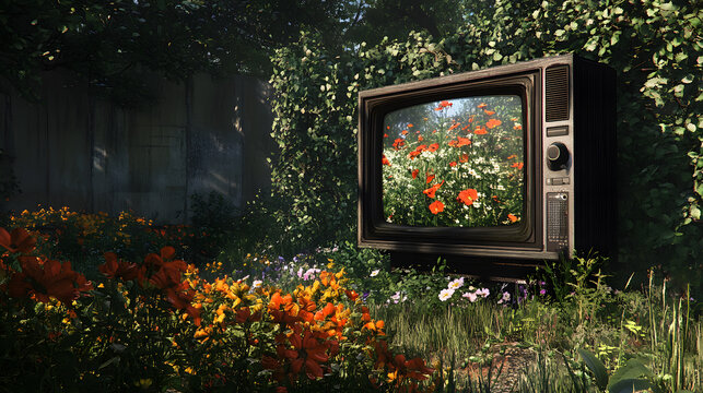 Old Television Set Abandoned in a Lush Wilderness Amongst Wildflowers