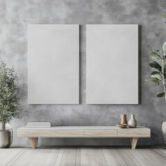 Double blank canvas on wall in modern grey room, perfect for home decor mockup with minimalist and neutral interior style.
