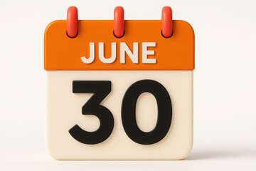 A 3d render of a calendar displaying the date june 30th isolated on a white background.