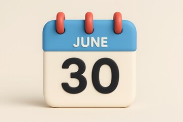 3d rendered illustration of a calendar displaying june 30th showcasing a modern minimalist design for deadlines and events.